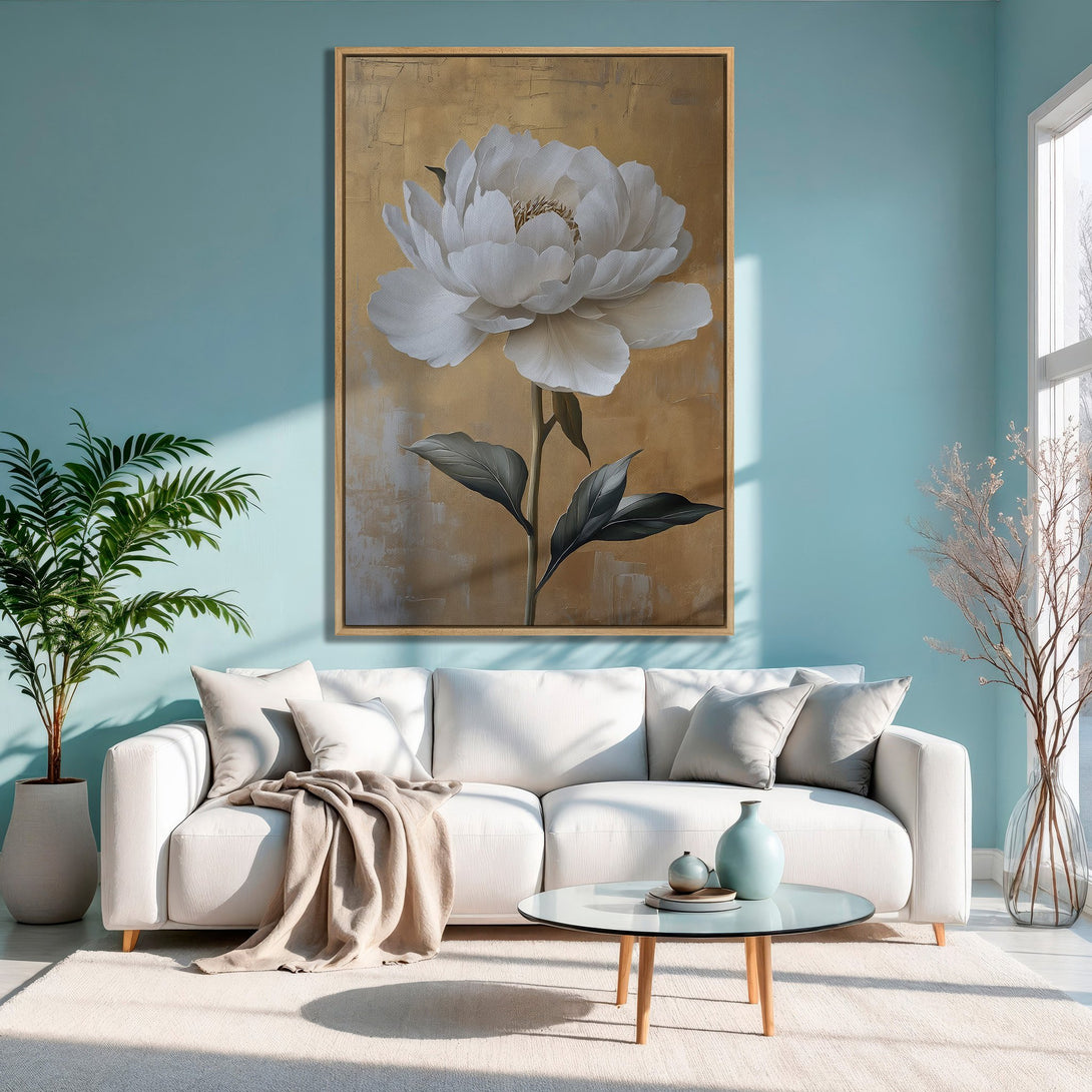 Framed Wall Art featuring a large white peony flower. Modern abstract style with a gold and neutral color palette, perfect for a calming living room.