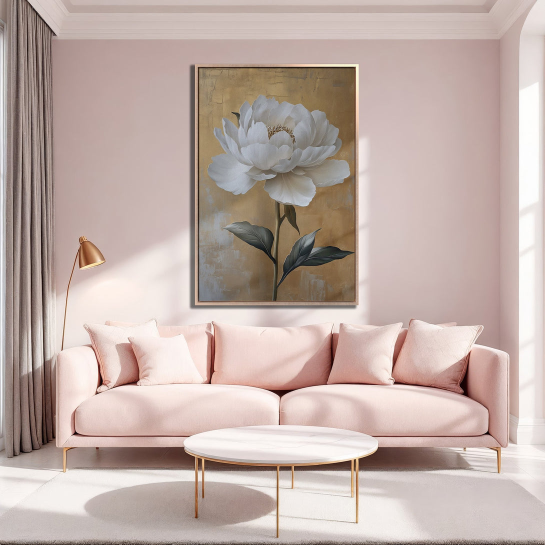 Framed Wall Art: Elegant white peony canvas print in a blush pink living room. Soft, romantic color palette for a stylish interior.
