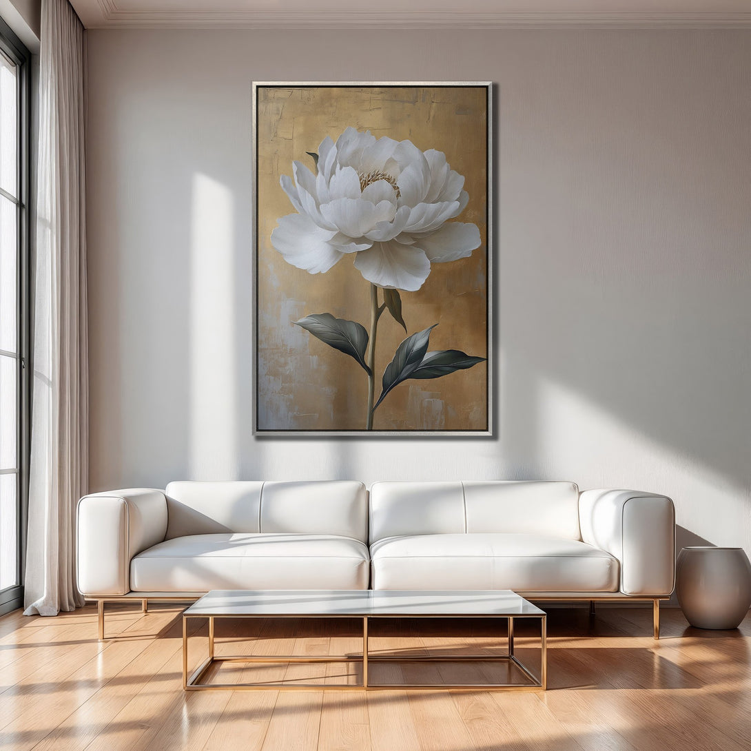 Framed Wall Art featuring a large white peony on a gold background. Modern floral art with a neutral color palette, perfect for elegant home decor.