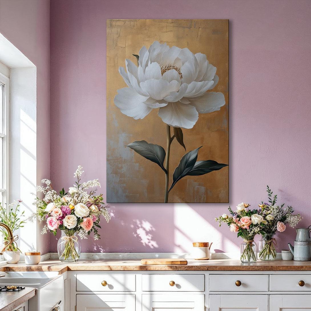 Framed Wall Art: Elegant white peony canvas print in a gold frame. Modern floral art with a warm, neutral color palette. Perfect for living room decor.