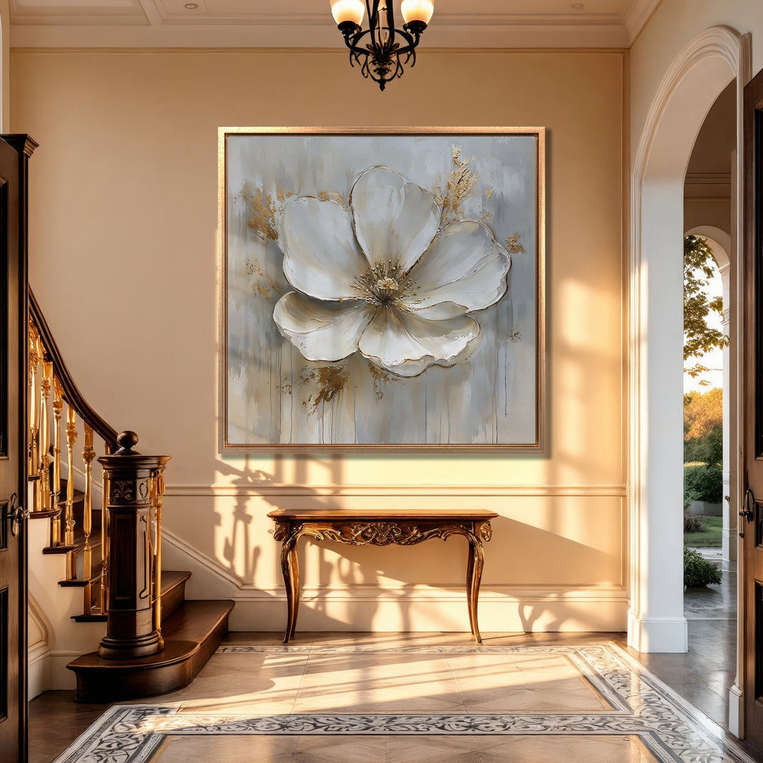 Framed Wall Art: Elegant floral canvas print in a neutral palette, displayed in a luxurious interior. Perfect for adding a touch of sophistication.