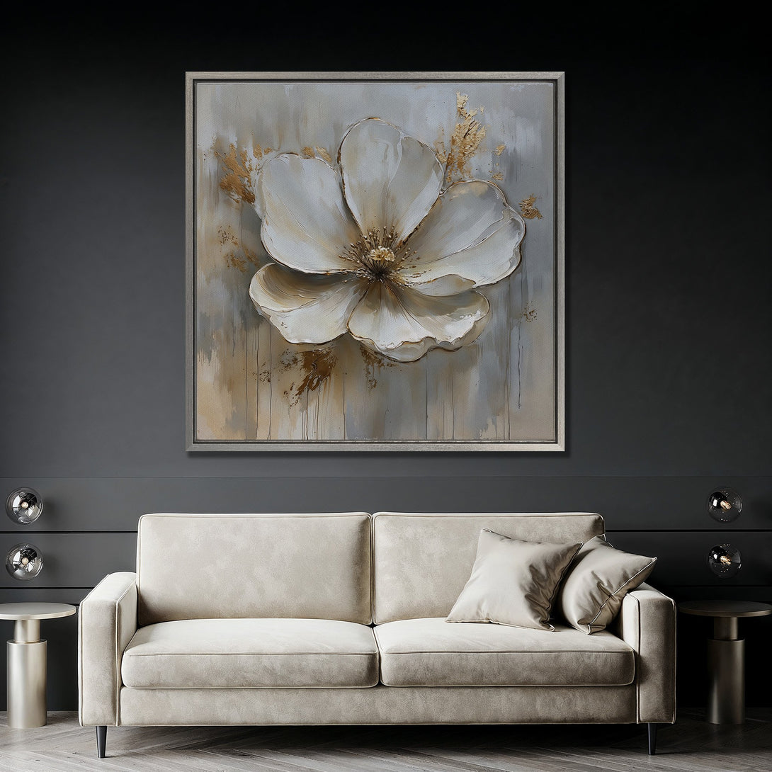 Framed Wall Art: Elegant white flower canvas print with gold accents. Modern art in neutral, beige, and gray tones. Perfect for stylish home decor.