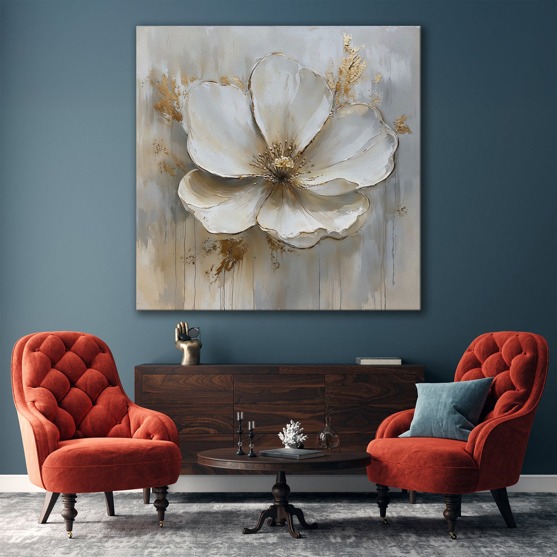 Framed Wall Art featuring a large white flower painting. Modern style with a neutral, gold, and beige color palette, perfect for interior decor.