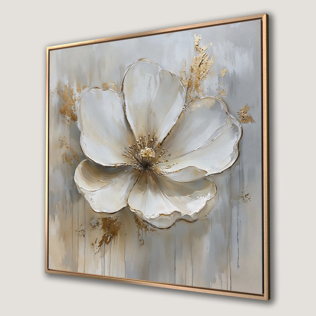 Framed Wall Art: Elegant white flower canvas print with gold accents on a neutral background. Modern abstract floral art for home decor.