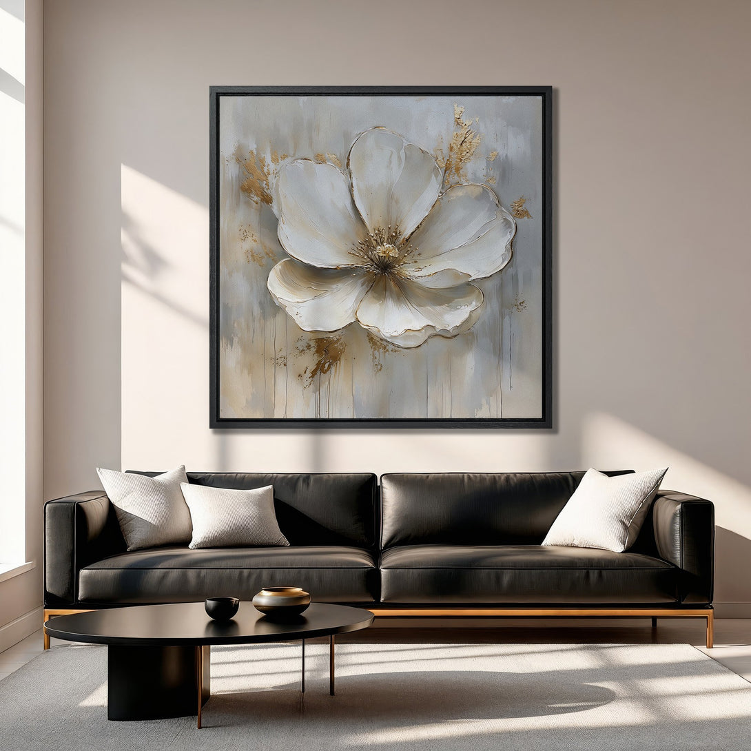 Framed Wall Art featuring a large white flower painting in a neutral color palette with gold accents. Perfect for modern home decor.
