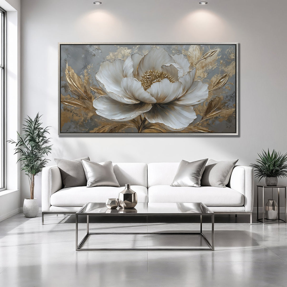 Framed Wall Art: Elegant white flower painting with gold accents. Modern decor with a neutral gray and gold color palette. Perfect for living room.