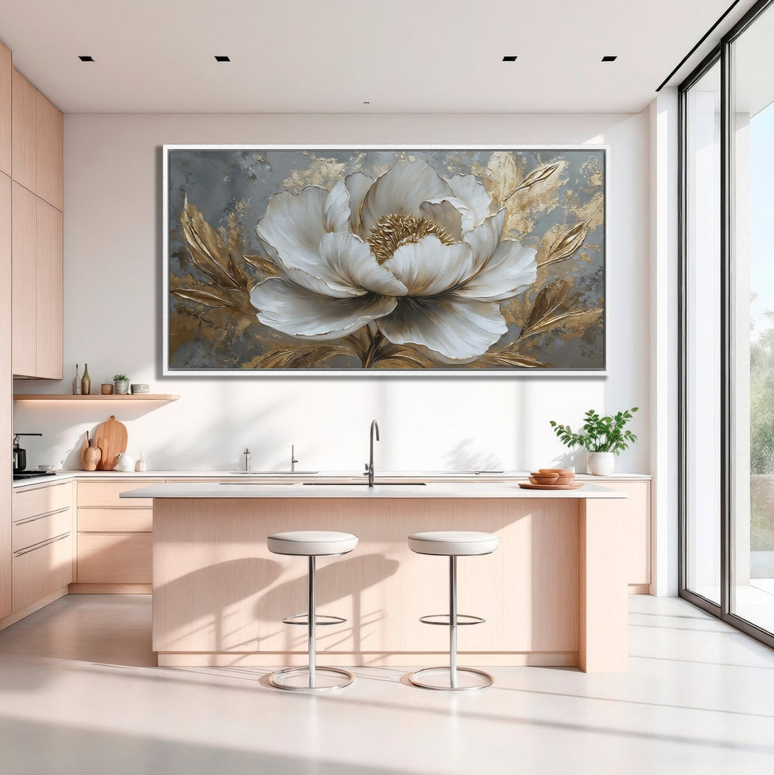 Framed Wall Art: Elegant white floral canvas print with gold accents, displayed in a modern kitchen. Neutral color palette enhances any decor.
