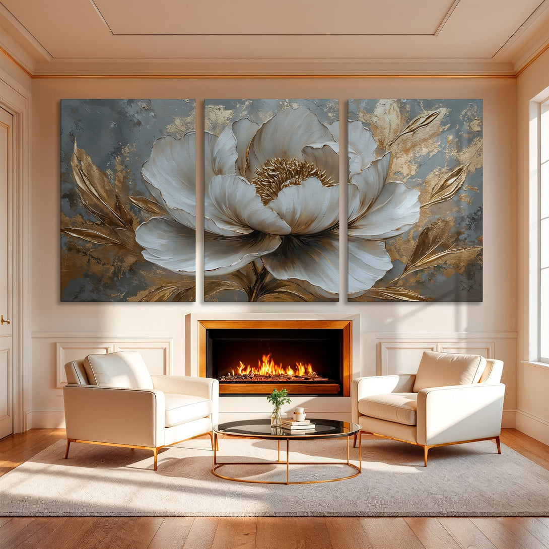 Canvas Print triptych of a large white and gold floral painting in a luxurious interior. Features a neutral, elegant color palette.