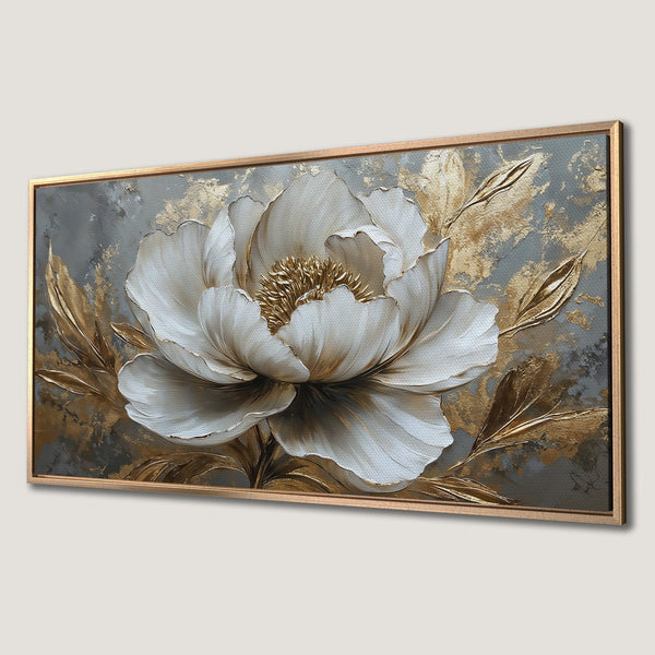 Framed Wall Art featuring a stunning white peony with gold accents on a textured gray background. Elegant and modern canvas print.