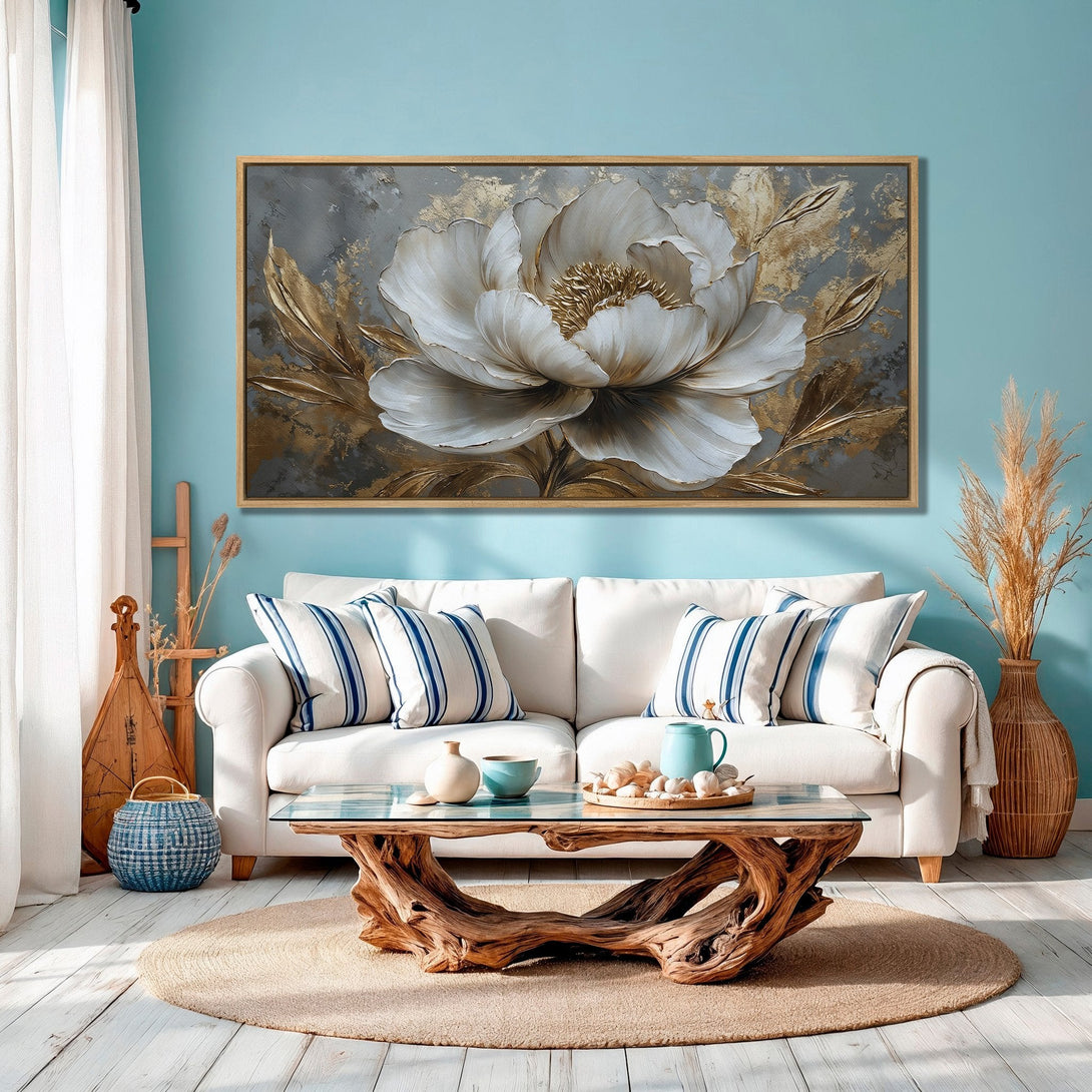 Framed Wall Art: Elegant white flower canvas print with gold accents, perfect for modern home decor. Features a neutral and calming color palette.