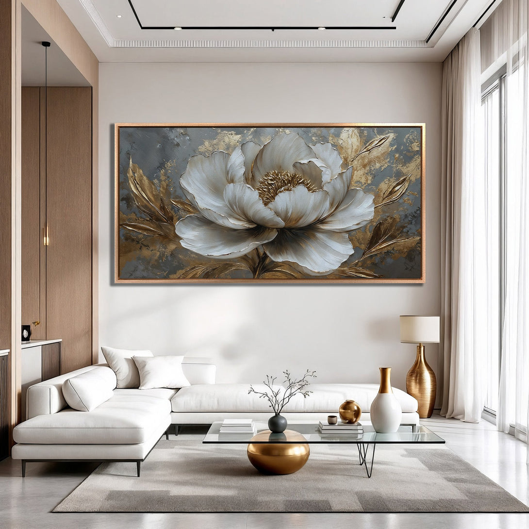 Framed Wall Art: Elegant floral canvas print in neutral tones with gold accents. Modern living room decor with a sophisticated, luxurious feel.
