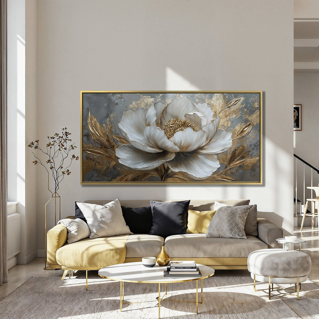 Canvas Print: Elegant floral art with gold accents. Modern abstract style. Neutral, gold, and white color palette. Perfect for home decor.