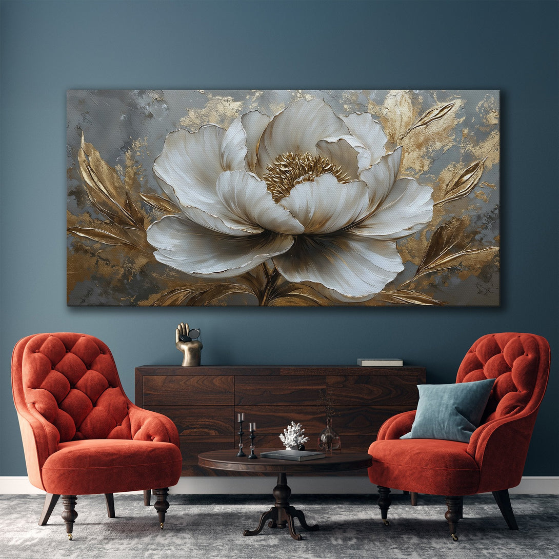 Framed Wall Art: Elegant floral Canvas Print in neutral tones with gold accents. Perfect for adding a touch of luxury to any living space.