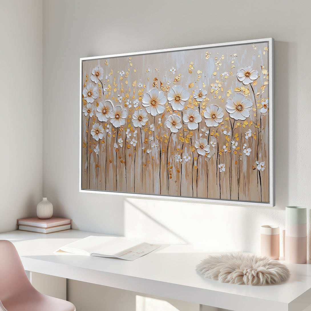 Framed Wall Art: Textured floral canvas print in neutral tones. Modern art with white flowers, gold accents, and a beige background. Perfect for any interior.