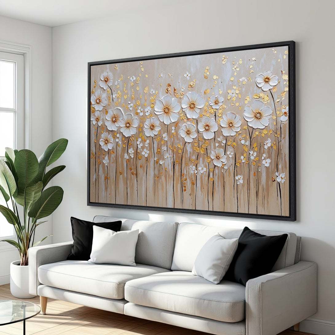Framed Wall Art: Textured white flower painting with gold accents, neutral color palette. Modern floral art for living room decor.