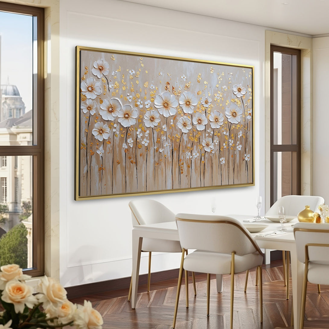Canvas Print of white floral art with gold accents, displayed in a stylish, green-toned interior. A beautiful addition to any home!