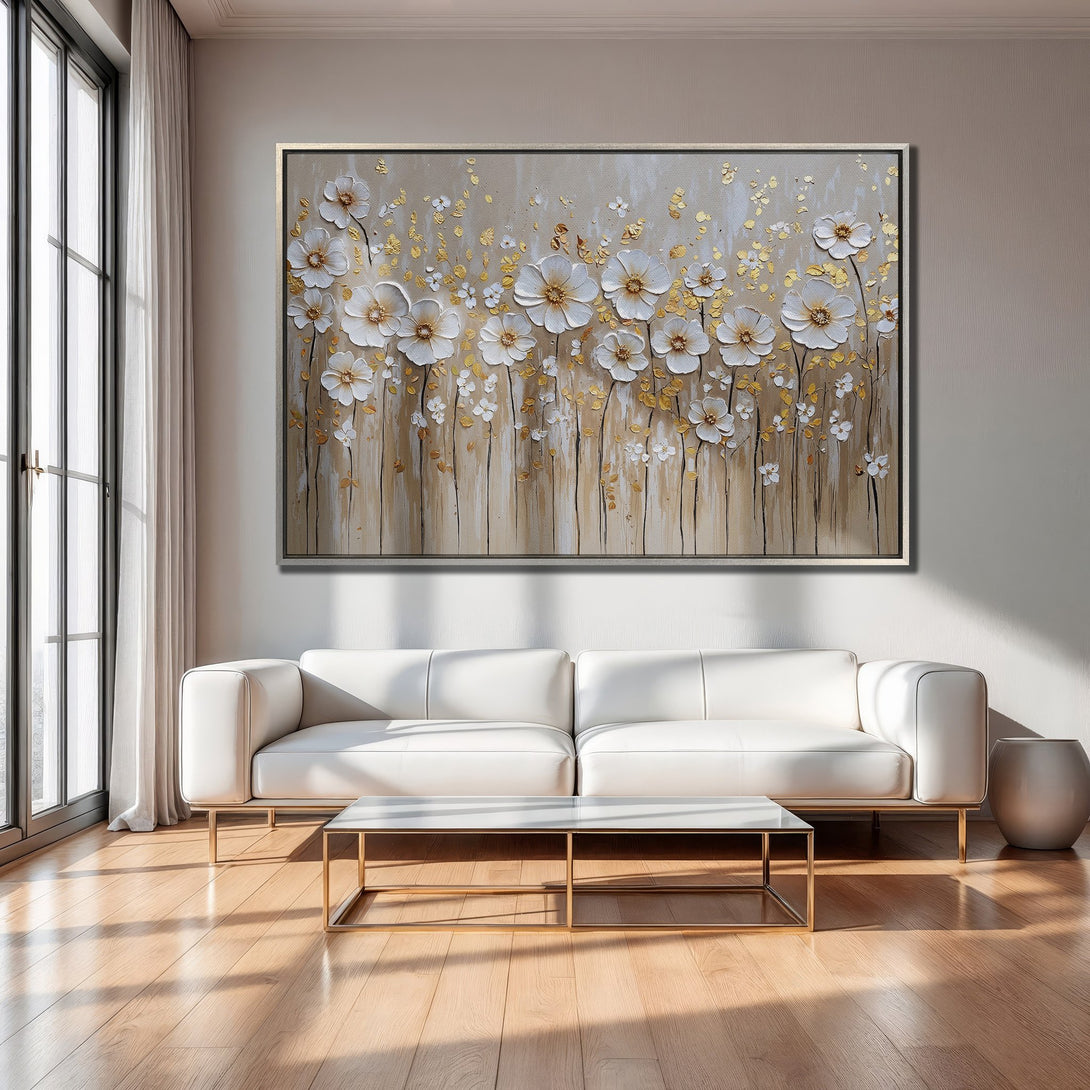 Framed Wall Art: Large floral painting with white flowers, gold accents, and neutral color palette. Modern home decor inspiration.