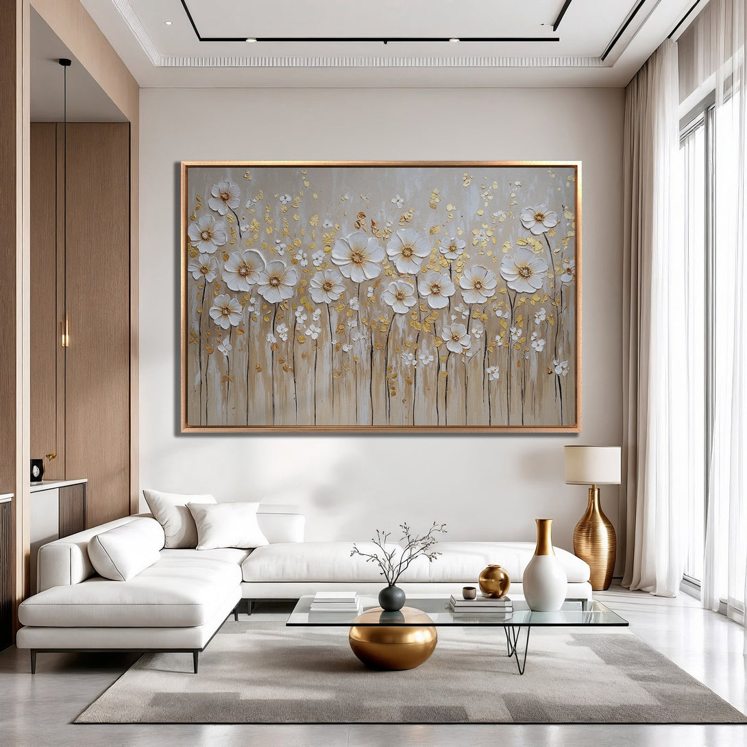 Framed Wall Art featuring elegant white floral design with gold accents. Neutral beige palette complements modern interior decor. Elevate your space!