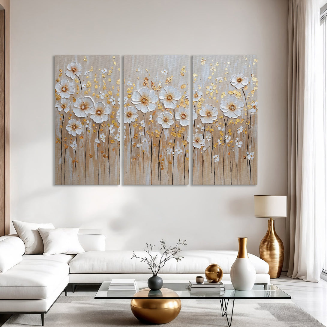 Canvas Print of white floral art with gold accents, displayed in a modern interior. Neutral beige and gold color palette.