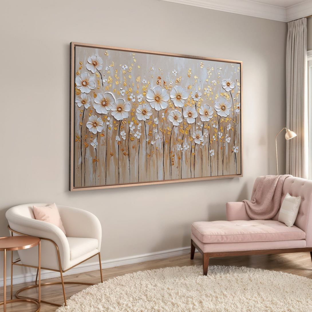 Framed Wall Art featuring white floral design with gold accents. Neutral beige and gold color palette, perfect for modern home decor.