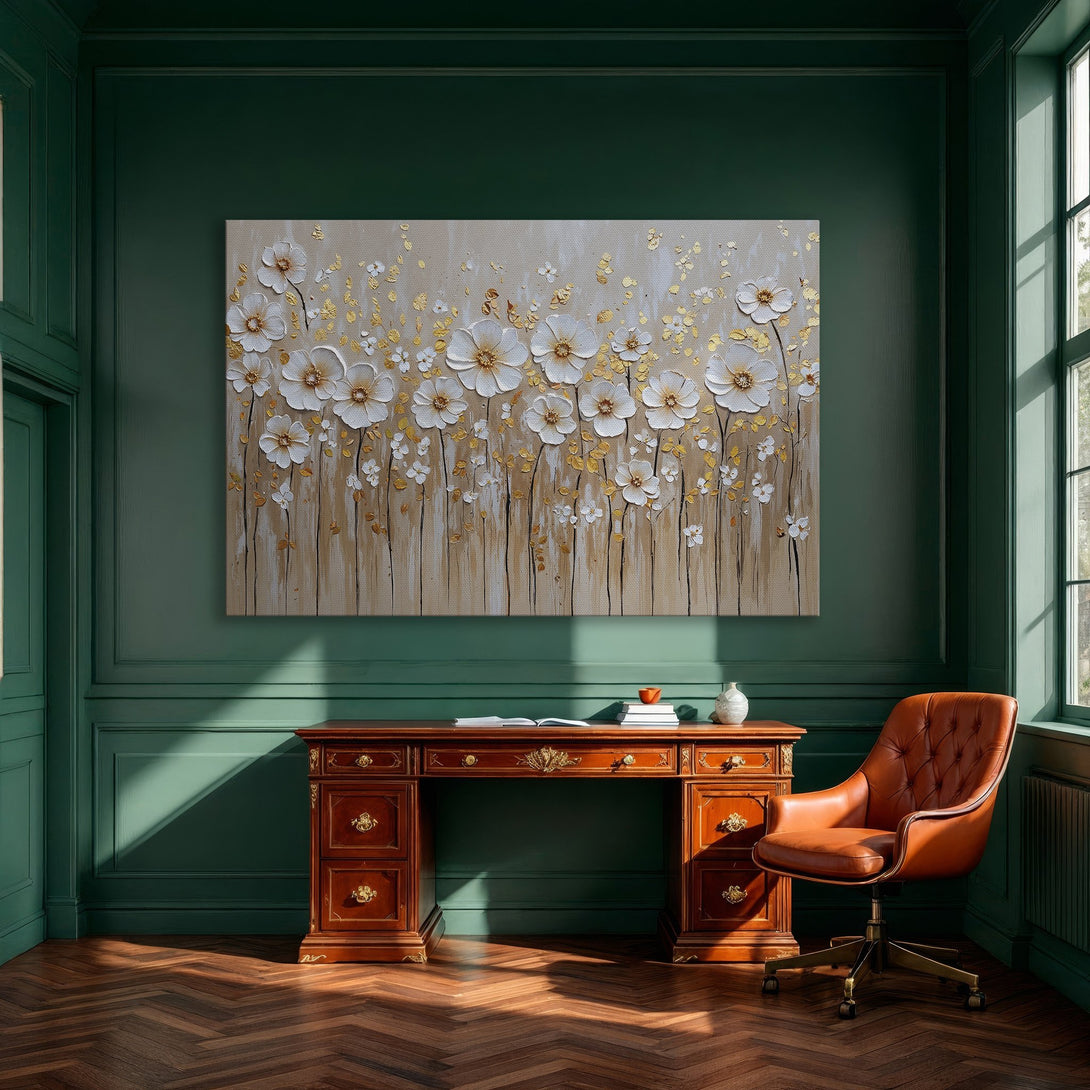 Framed Wall Art: Elegant floral canvas print in neutral tones with gold accents, perfect for modern home decor.