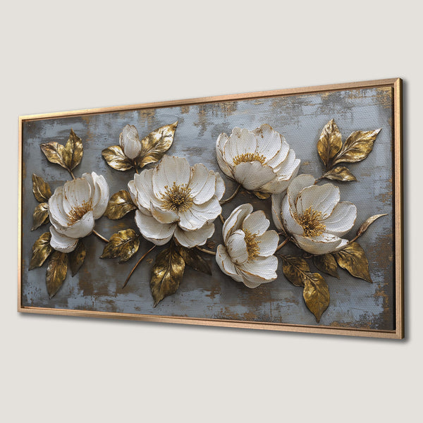 Framed Wall Art featuring elegant white floral design with gold accents on a textured gray background. A stunning piece of art for your living space.