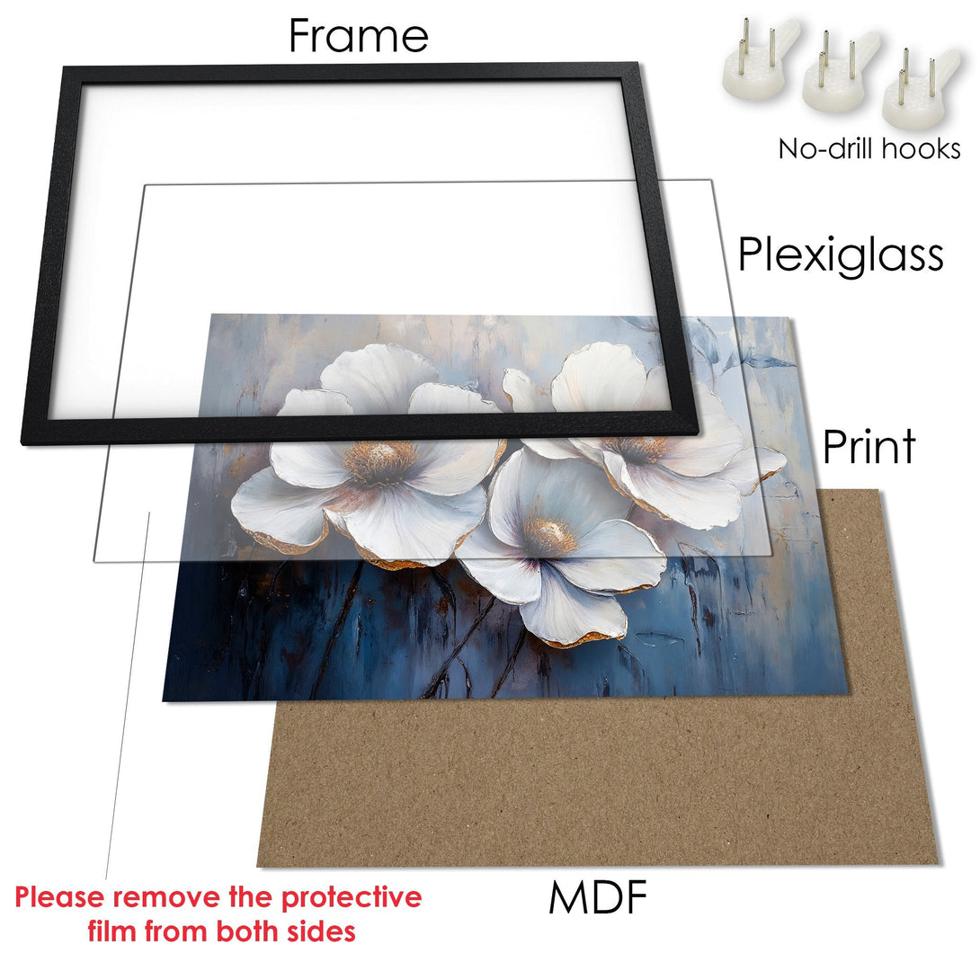 Framed Poster featuring elegant white floral art with a blue and gold color palette. Perfect for adding a touch of sophistication to your space.