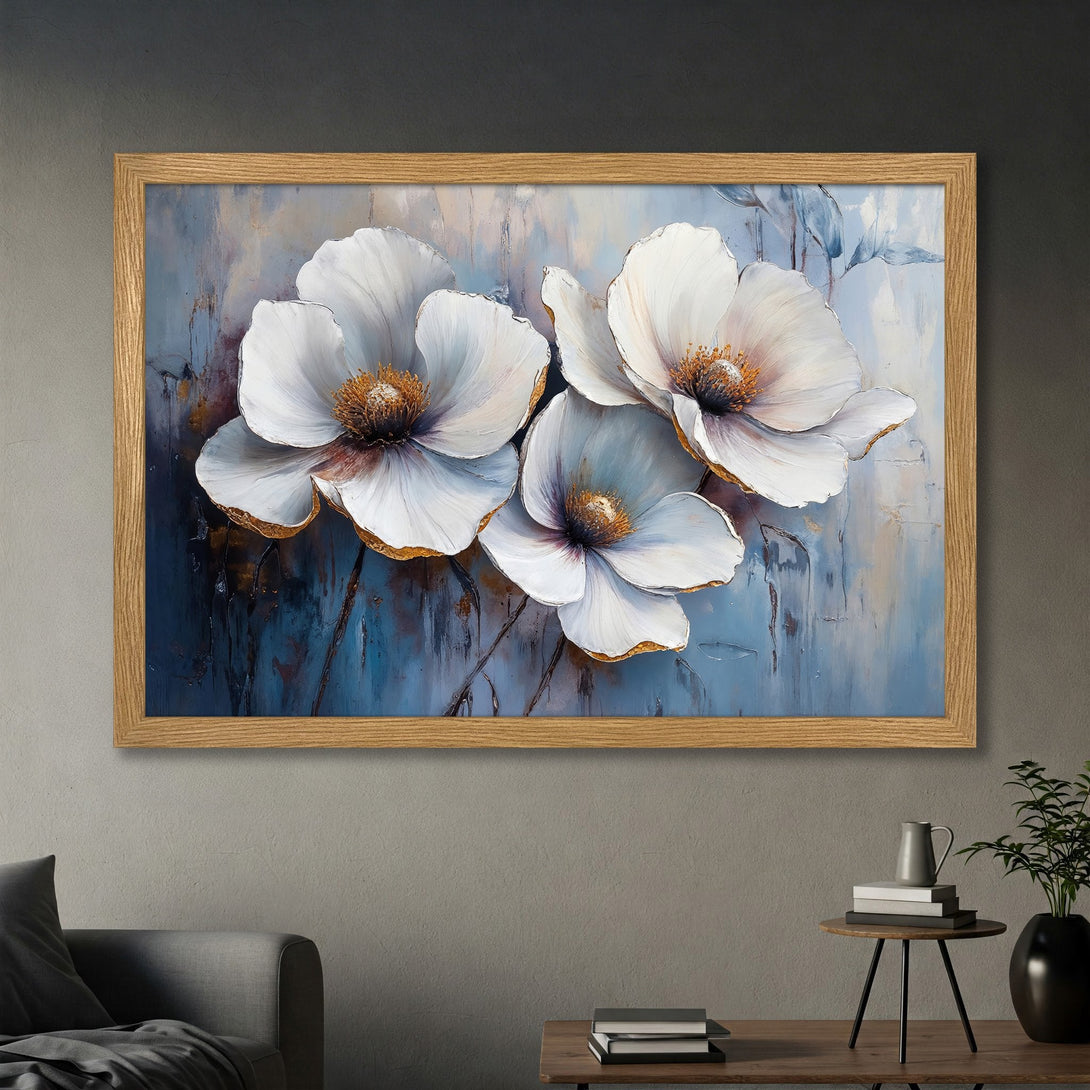 Framed Poster featuring white floral art with gold accents on a blue and neutral background. Perfect wall decor!