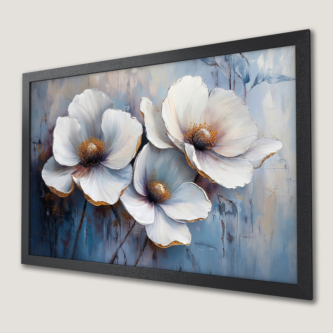 Framed Poster featuring white floral art with gold accents on a blue and neutral palette, perfect wall decor for any room.