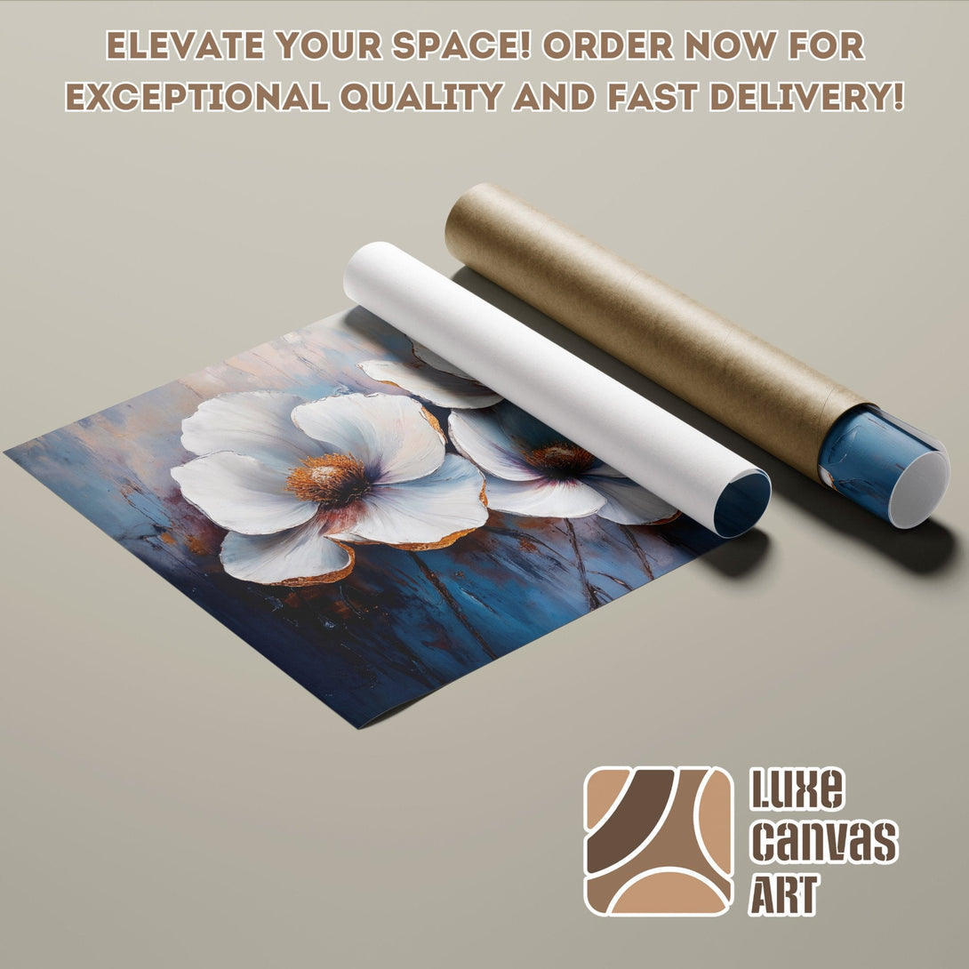 Abstract floral Poster Roll art in blue, white, and gold. Elevate your space!