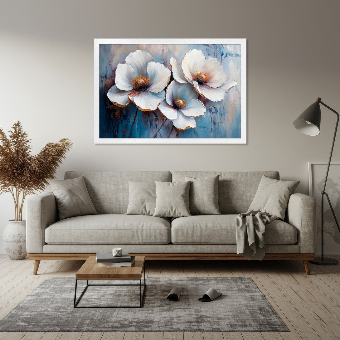 Framed Poster featuring white floral art with gold accents, set against a blue and neutral color palette, perfect for home decor.