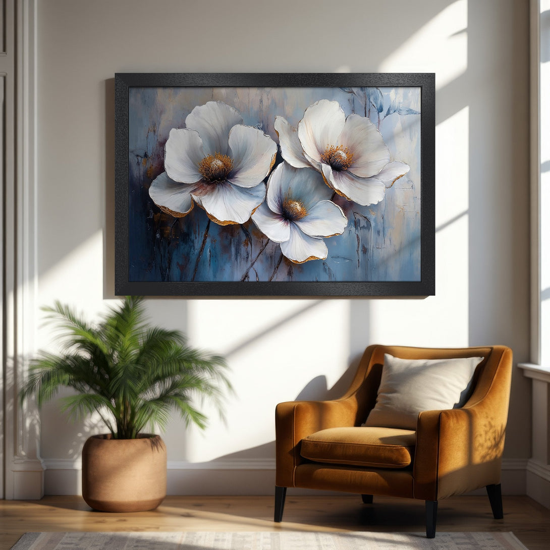 Framed Poster featuring elegant white flower art with a blue and gold color palette, perfect for home decor.