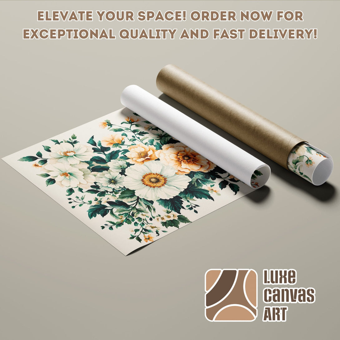Floral Poster Roll art print, watercolor style, cream, green, and gold color palette. Elevate your space!