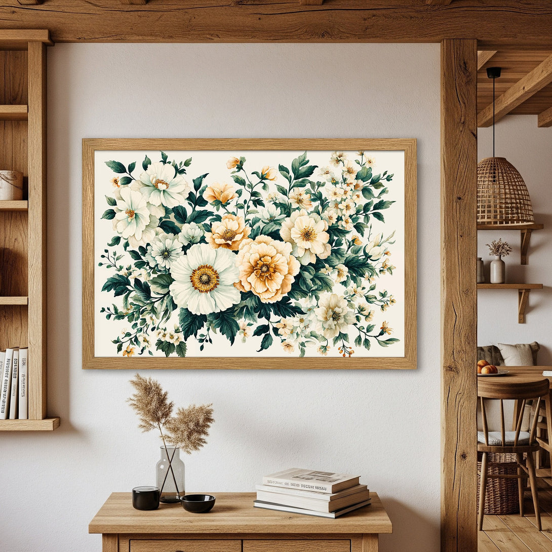 Framed Poster featuring watercolor floral art in cream, yellow, and green. Perfect wall decor for a cozy home.