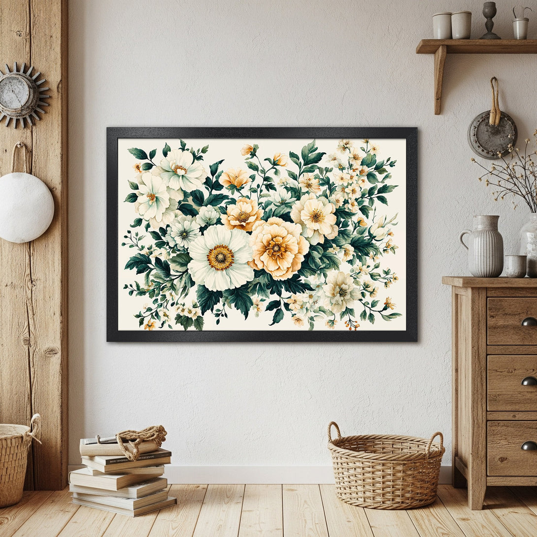Framed Poster featuring floral art in a watercolor style. Soft cream, green, and gold color palette. Perfect for home decor.