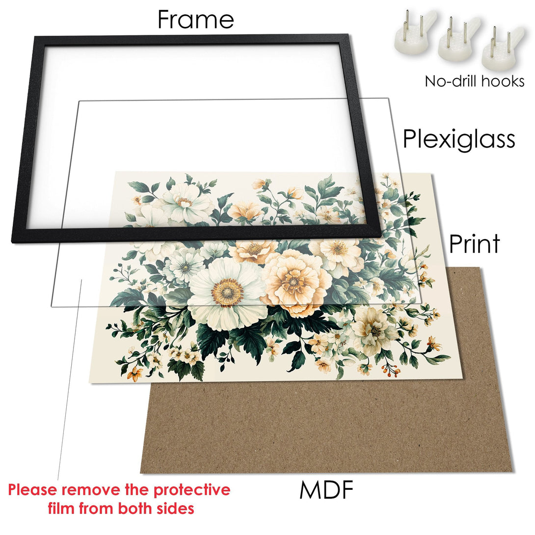 Framed Poster with floral art in soft green, cream, and gold tones. Elegant botanical wall art for your home.