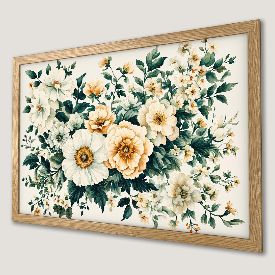 Framed Poster featuring a watercolor floral arrangement in ivory, green, and gold. Elegant botanical art for your home decor.