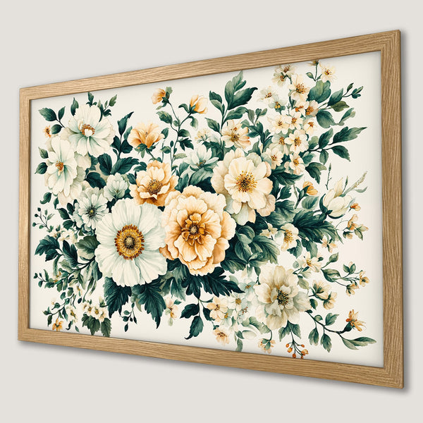 Framed Poster featuring a watercolor floral arrangement in ivory, green, and gold. Elegant botanical art for your home decor.