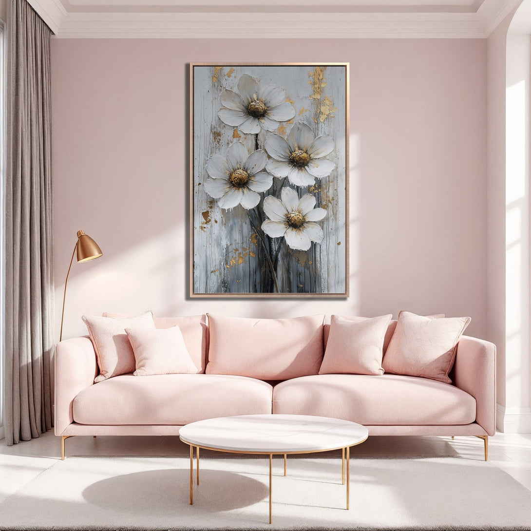 Framed Wall Art: Elegant white flower painting with gold accents, showcased in a modern living room with a pink and gold color palette. Perfect home decor!