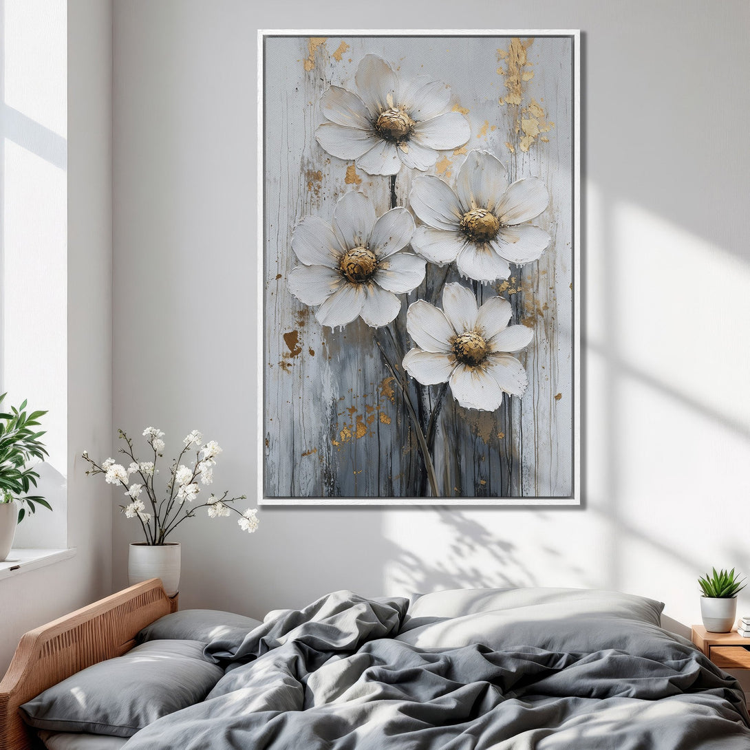 Framed Wall Art: Textured white flower painting with gold accents. Modern art in a neutral gray and white palette. Perfect bedroom decor!