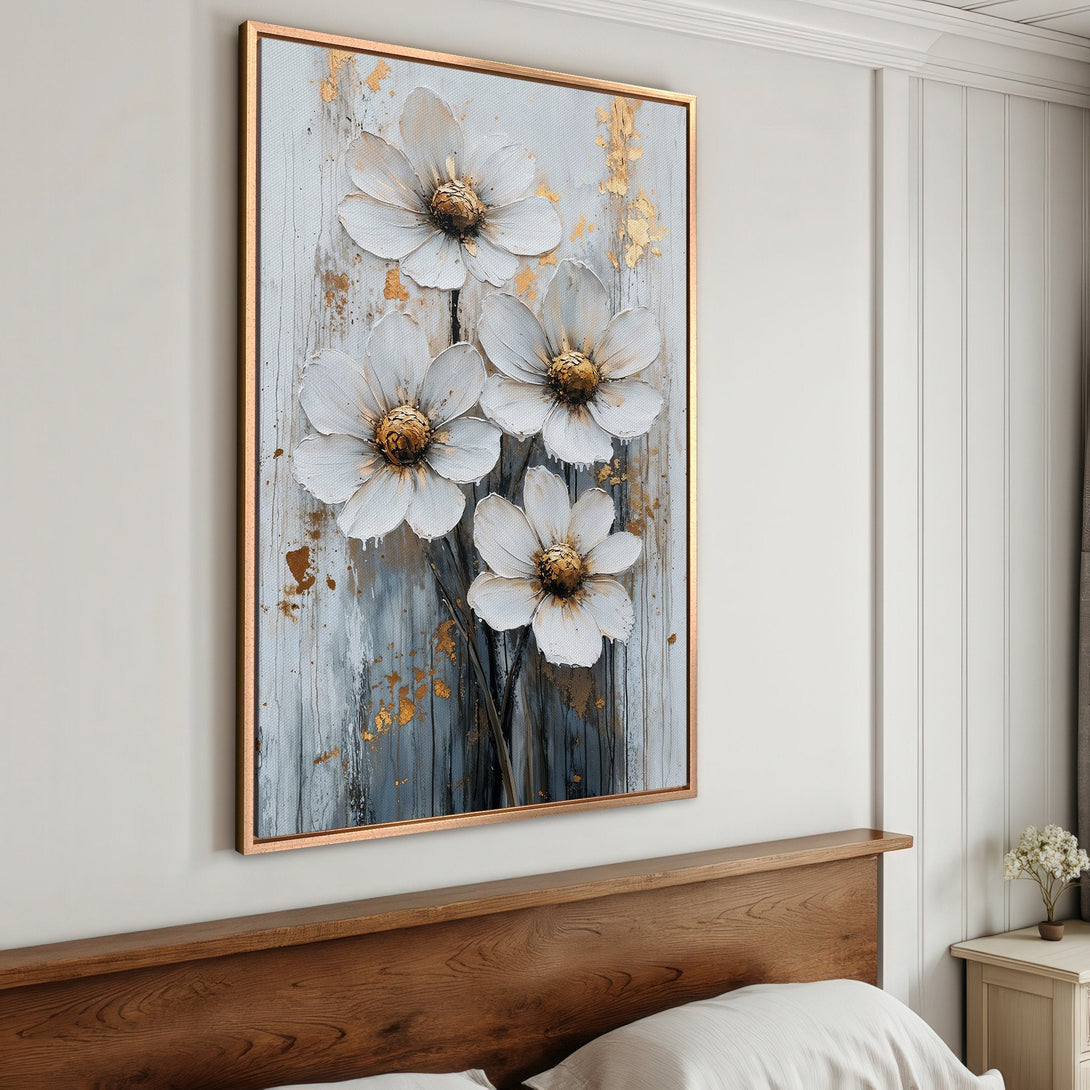 Framed Wall Art featuring white floral abstract art with gold accents, displayed in a bedroom. Modern, elegant decor in a neutral color palette.