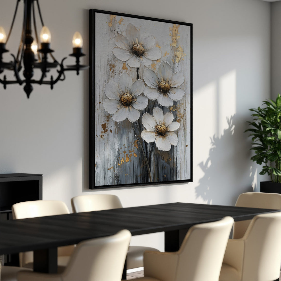 Framed Wall Art featuring white floral abstract art with gold accents. Modern Canvas Print in a neutral color palette, perfect for dining room decor.