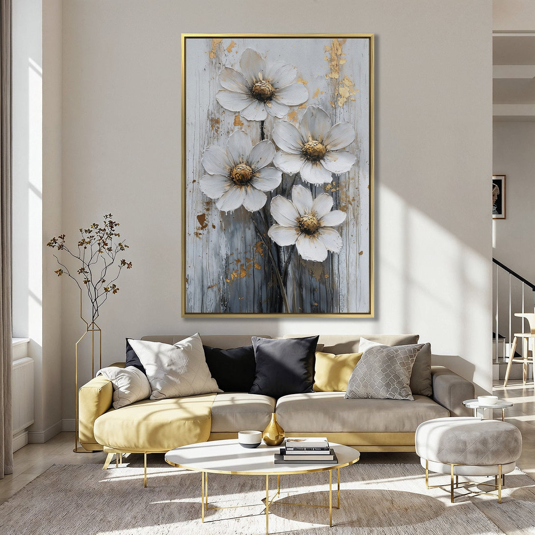 Canvas Print of white floral art with gold accents, displayed in a kitchen with a pink wall. Modern, elegant wall decor.