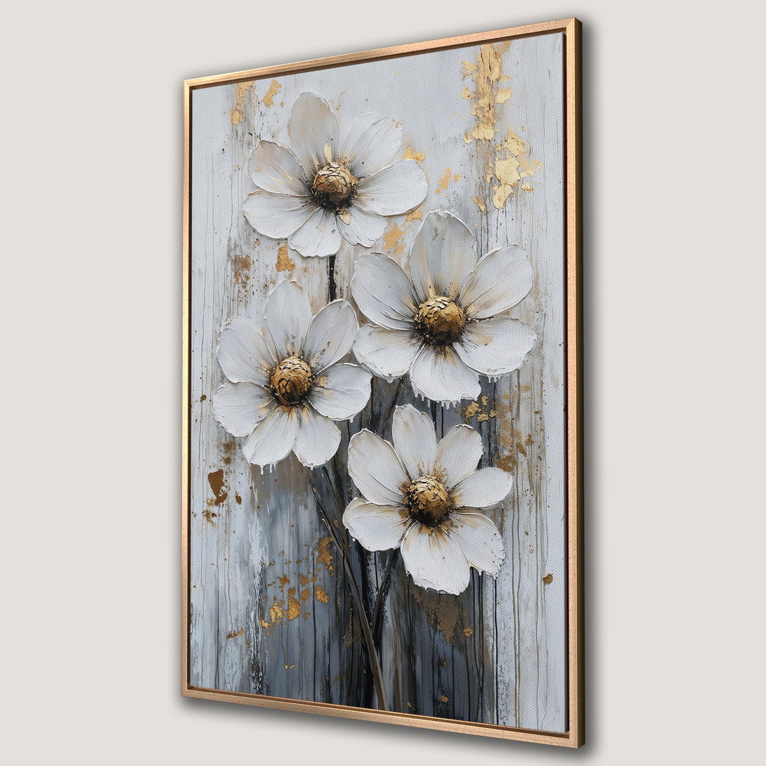 Framed Wall Art: Textured white flower painting with gold accents on a gray background. Modern floral art for home decor.