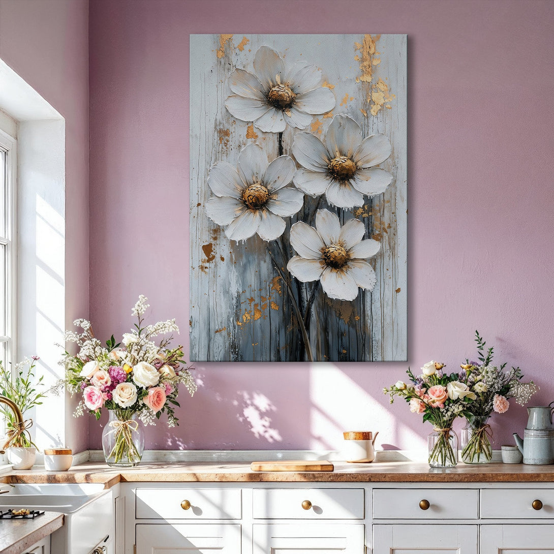 Framed Wall Art featuring white floral art with gold accents. Modern, textured canvas print in a neutral color palette, perfect for home decor.