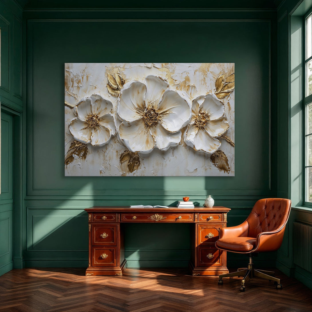 Framed Wall Art: Elegant white & gold floral Canvas Print. Modern textured art for dining room decor. Neutral color palette, adds luxury.