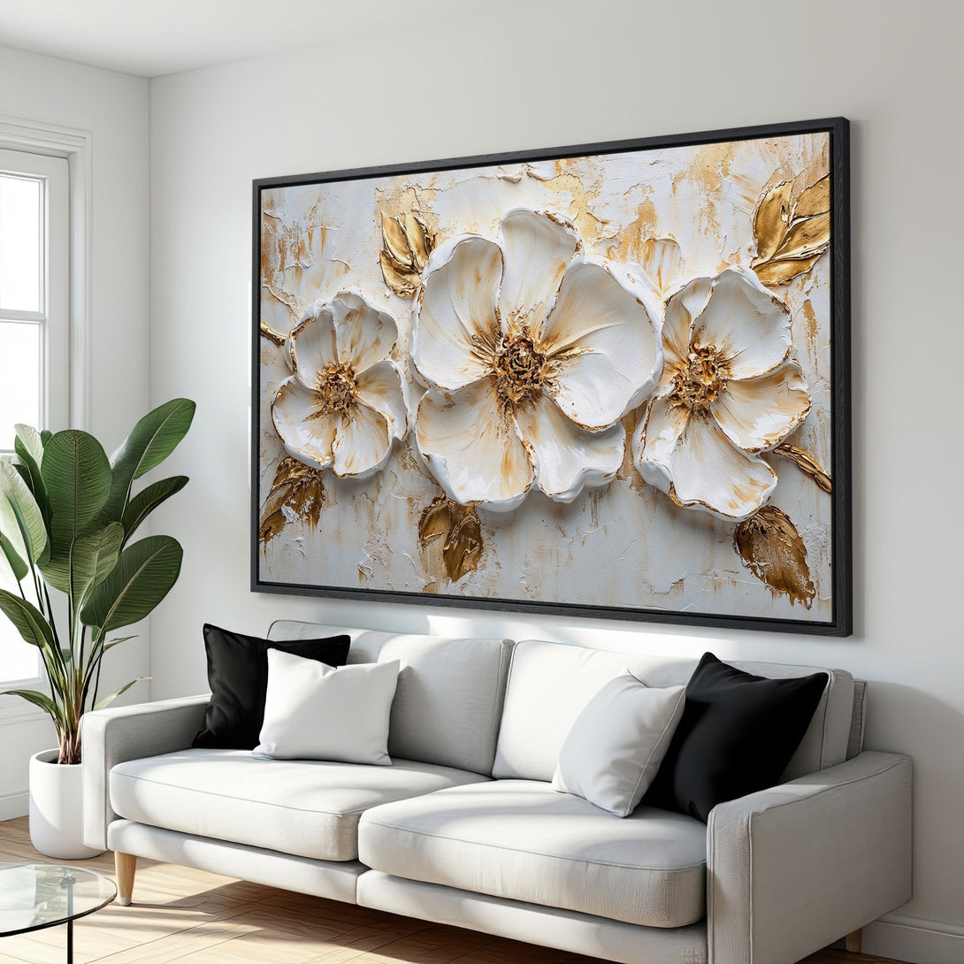 Framed Wall Art: Elegant floral Canvas Print in white and gold, perfect for modern home decor. Adds a touch of luxury to any space.