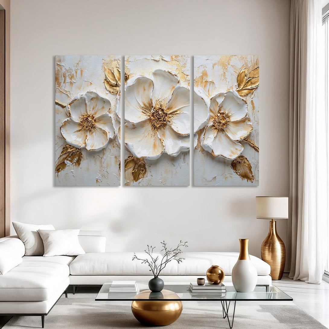 Canvas Print: Elegant floral art in white and gold. Modern, textured style. Perfect for living room decor.