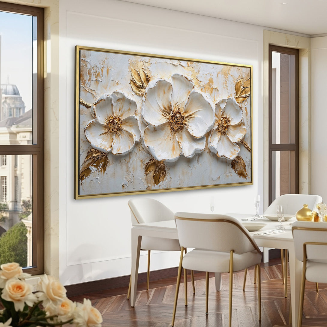Canvas Print of textured white and gold floral art in a luxurious green interior. Perfect for adding elegance to your home decor.
