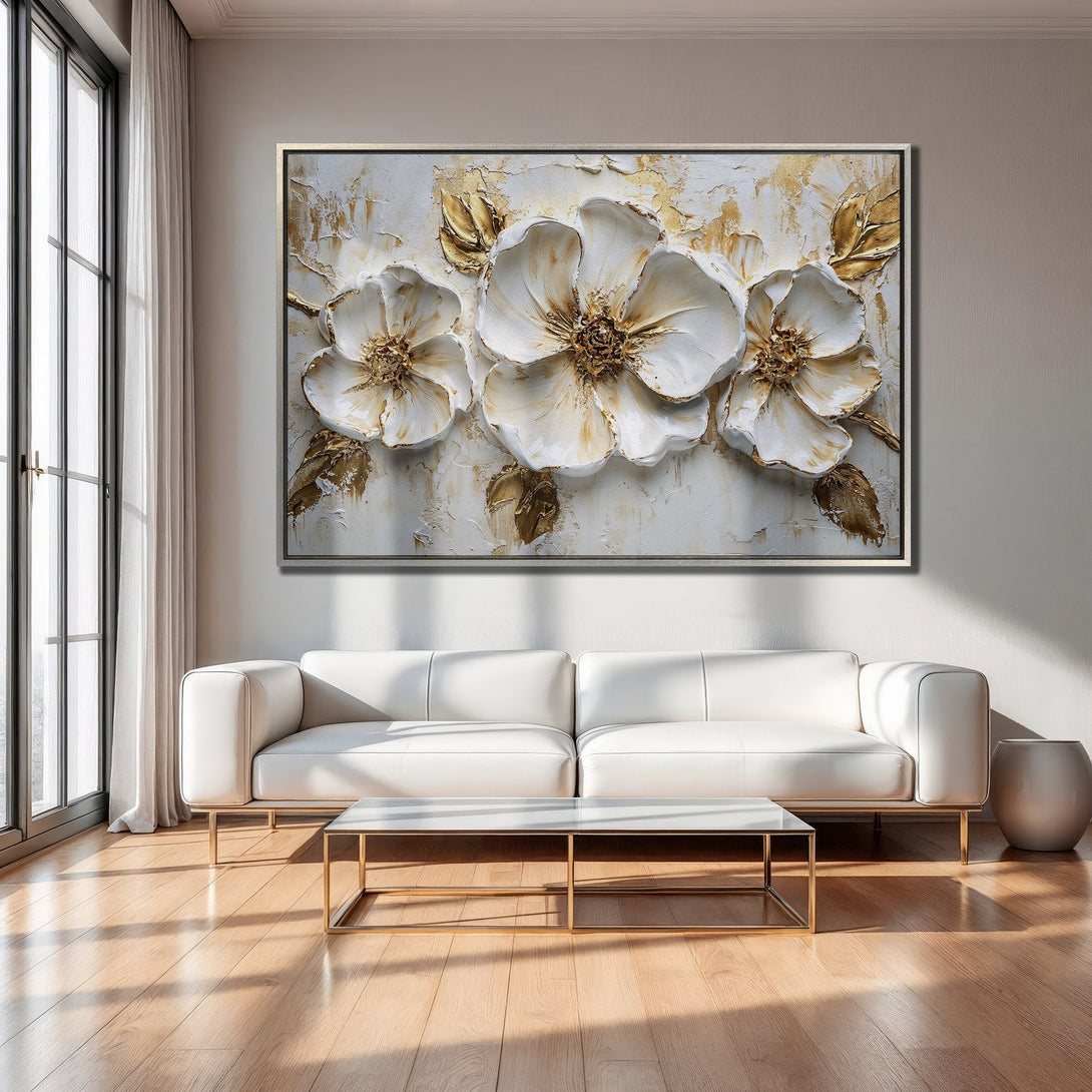 Framed Wall Art: Elegant floral canvas print in white and gold, adding a touch of luxury to any interior. Modern art for your home!